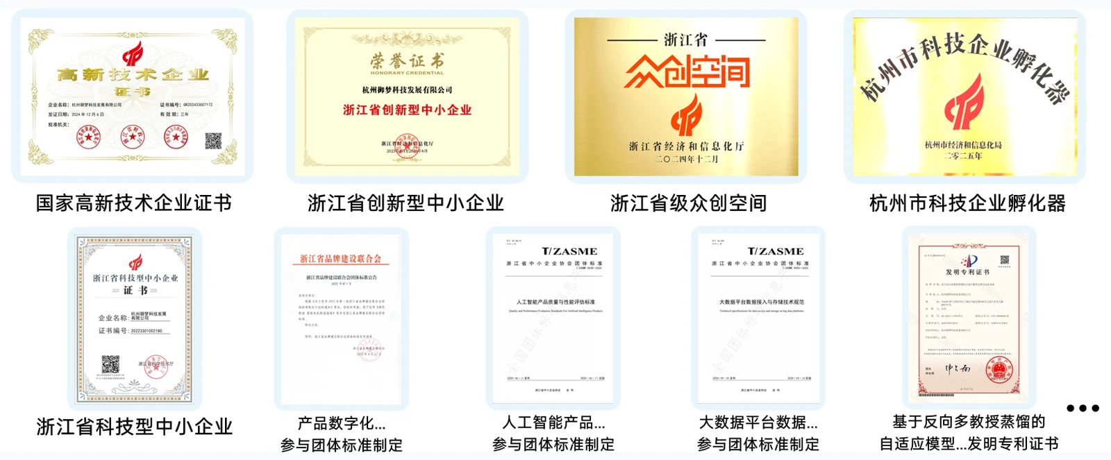 御梦科技现有资质与技术成果完整展示，包括高新技术企业、创新型中小企业及专利等材料